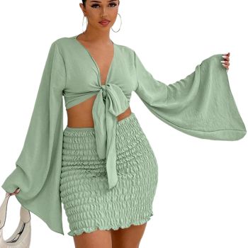 Women's 2 Piece Outfits Tie Knot Front Bell Long Sleeve Crop Tops and Mini Skirt Set Light Green Medium