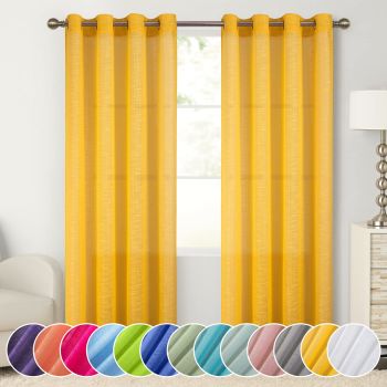 Faux Linen Sheer Curtain 95 Inch Yellow Textured Voile Sheer Curtains Grommet Top Curtain Lightweight Floor Length Window Curtains for Bedroom & Living Room 2 Panels 36"x95"