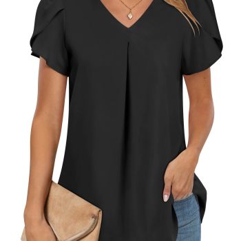 Tops for Women 2024 Summer Dressy Shirts V Neck Short Sleeve Business Casual Tees Blouse Vacation Work T-Shirts 2024 Spring Clothes Black Cute Top 1347heise-M