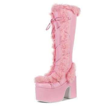 Knee High Boots For Womens Side Zipper Warm Faux Fur Platform Chunky Heel Punk Goth Walking Winter Snow Boots