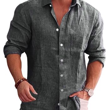 Men's Casual Linen Button Down Shirt Chambray Plain Oxford Dress Shirt
