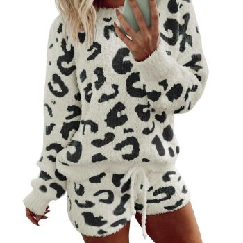 Womens Fuzzy Fleece Pajamas 2 Piece Warm Luonge Set Printed Sweater Top and Shorts Lounge Set Sweatsuits Black Leopard XL