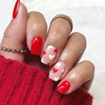 Heart Press on Nails Short Square Valentines Fake Nails Petite Red Stick on Nails Full Cover False Nails