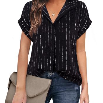 Blouses for Women Business Casual,Short Sleeve Work Shirts for Women Office Professional V Neck Tunics Tops Ladies Dressy Tops Loose Junior Interview Formal Career Dress Clothes Black Stripe M