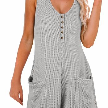 Womens One Piece Jumpsuits Summer Overalls Loose Fit Sleeveless Waffle Knit Pockets Shorts Jumpsuit Rompers for Women Dressy,Grey,Medium
