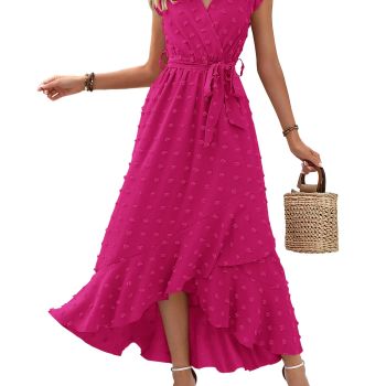 Women's Boho Cocktail Dress 2024 Summer Spring V Neck Swiss Dot Ruffle Sleeve Flowy Slit Valentines Day Dresses(Swiss Dot Rose Red