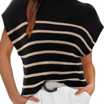 Womens Tank Tops Summer Causal Loose Fit Cap Sleeve Mock Neck Knit Lightweight Short Sleeve Striped Sweater Pullover Top Knit Sweater for Women Black Small