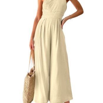 Women's Summer Straps One Shoulder Pleated High Waist Casual Wide Leg Jumpsuit Romper
