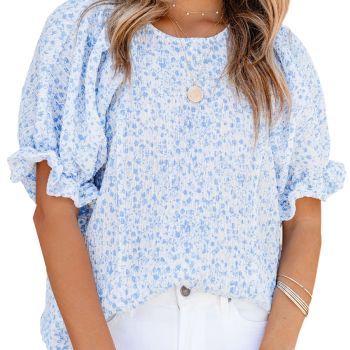 2024 Summer Blouses for Women Tops Crew Neck Smocked Short Puff Sleeve Cute Boho Flowy Mini Tunic Tops Cute Floral Printed Blouses and Shirts for Juniors 2XL Sky Blue
