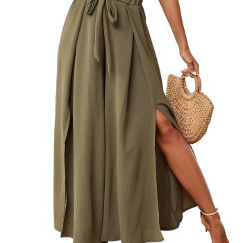 Women's Tie Front High Waist Side Split Slit Flowy Wide Leg Pleated Pant