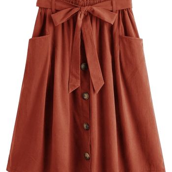 Women's Casual Paperbag Waist Pleated A-Line Midi Skirt