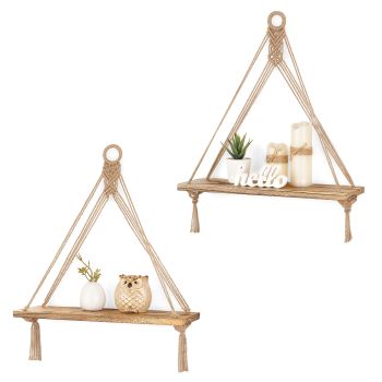 Macrame Hanging Shelves Boho Wall Decor Set of 2 Rustic Wood Floating Storage Shelf for Bedroom Bathroom Living Room Nursery Dorm Room