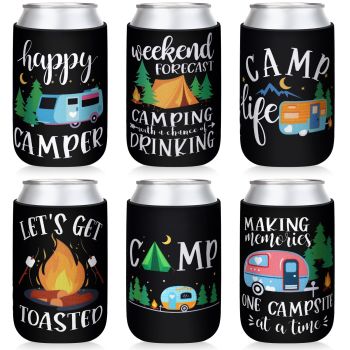 Happy Camper Party Can Sleeves Neoprene Soda Can Beverage for Camping Picnic Outdoor Activities Supplies Set of 6 for Camping Theme Birthday Party Decoration Supplies