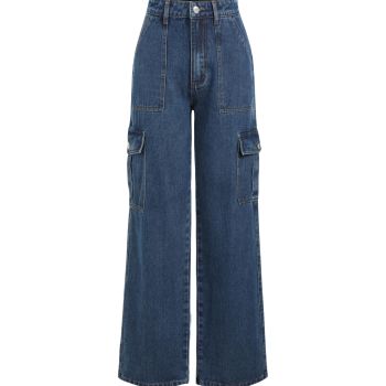 Alessia Solid Cargo Jeans: Blue, M