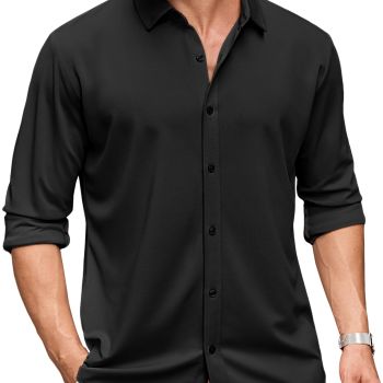 Men's Wrinkle Free Dress Shirt Slim Fit Lightweight Long Sleeve Untucked Shirts Black
