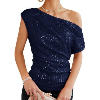 Ruched Shiny Sequin One Shoulder Tops Shirts for Women Asymmetrical Summer Tops for Women 2024 Trendy Date Night Outfit Party Navy Blue XL