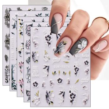 JMEOWIO 6 Sheets 3D Embossed Spring Flower Nail Art Stickers Decals Self-Adhesive Pegatinas Uñas 5D Colorful Summer Floral Leaf Nail Supplies Nail Art Design Decoration Accessories