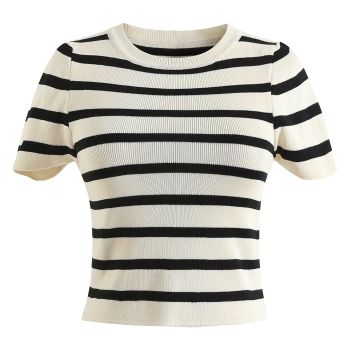 Women's Striped Print Knit Short Sleeve Slim Fitted Crop Tee Top Black and Beige M