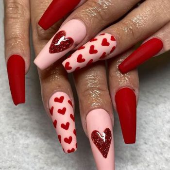 Morily Press on Nails Long Valentine's Day Red Fake Nails Coffin Matte False Nails