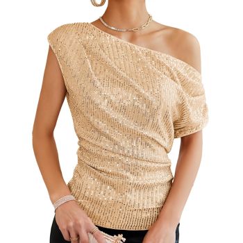 Trendy Off The Shoulder Tops for Women Ruched Sparkle Top Shirt Elegant Asymmetrical Neck Sequin Top Shiny Date Night Outfits Concert Champagne S