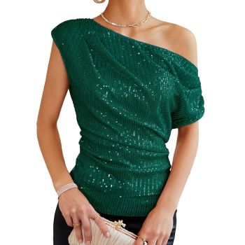Trendy Off The Shoulder Tops for Women Ruched Sparkle Top Shirt Elegant Asymmetrical Sequin Top Shimmer Date Night Outfits Concert Dark Green S