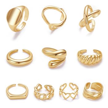 10PCS Gold Dome Chunky Rings for Women 18K Gold Plated Braided Twisted Round Signet Rings Adjustable Open Ring Band Statement Jewelry Size 7-9