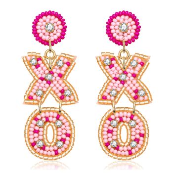 Valentine’s Day Earrings Beaded XOXO Drop Earrings Fashion Pink Trendy Crystal Big Love Dangle Earrings for Women Statement Jewelry (Pink XO)