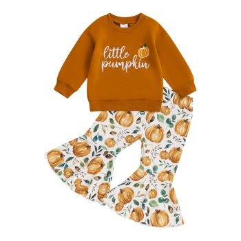 Baby Girl Halloween Outfit Pumpkin Printed Long Sleeve Sweatshirt Tops Flare Pants Set Cute Toddler Clothes