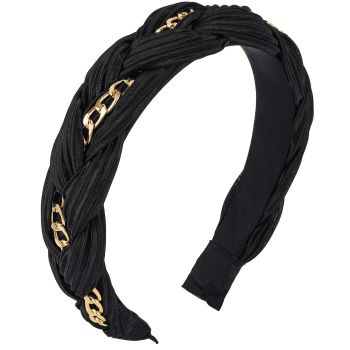 Black Headband for Women Girls Gold Chain Padded Headband Non Slip Soft Hairbands Cute Makeup Braided Wide Headband for Thin Thick Long Short Curly Aesthetic Hair Party Accessories