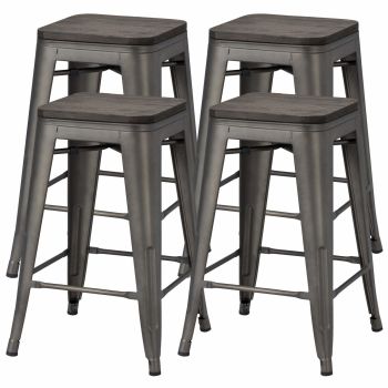 24 inches Metal Bar Stools Counter Stool Indoor/Outdoor Stackable Barstools Counter Wood Top/Seat Bar Stools Set of 4