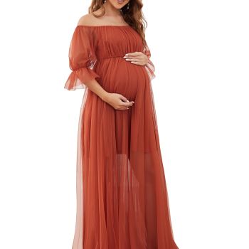 Women's Plus Size Off-Shoulder Tulle Puff Sleeve Long Maternity Photoshoot Dress for Baby Shower Burnt Orange US26