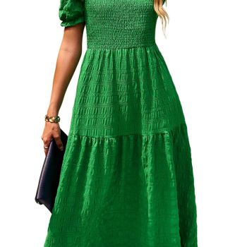 Women's 2024 Casual Summer Smocked Tiered Midi Dress Crewneck Puff Sleeve High Waist Flowy A Line Dresses Green Medium