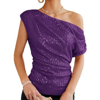 Womens Slimming Cold Shoulder Sparkly Top Dressy Ruched Asymmetrical Neck Sequin Top Shirt Fun Shiny One Sleeve Vegas Outfits for Women Purple 2XL