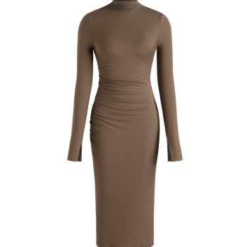 High Neck Solid Ruched Midi Dress: Brown, L