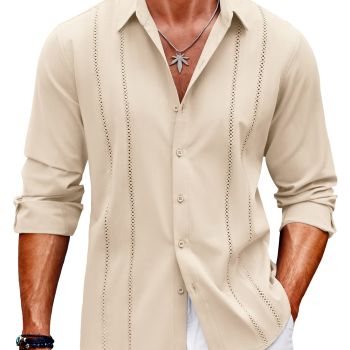 Men's Linen Shirts Casual Cuban Guayabera Shirt Long Sleeve Beach Shirts Beige