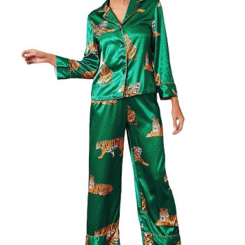 Women's Sleepwear Striped Satin Short Sleeve Shirt and Pants Pajama Set Green Tiger L