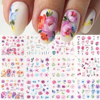12 Sheets Flower Nail Art Stickers Decals Butterfly Orchid Nail Decals Spring Nail Stickers for Nail Art Supplies Water Transfer Nail Accessories Colorful Design for Women DIY Nail Decorations