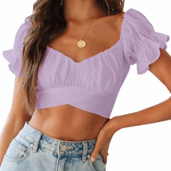 Women's Ruffle Short Sleeve Tie Up Back Crop Top Off Shoulder Bardot Blouse Lavender Small