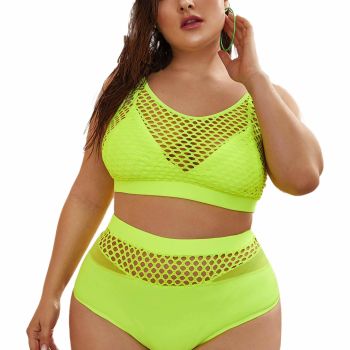 Women's Plus Size Bathing Suit Fishnet High Waist Bikini Set Rave Outfit A Neon Green 1XL