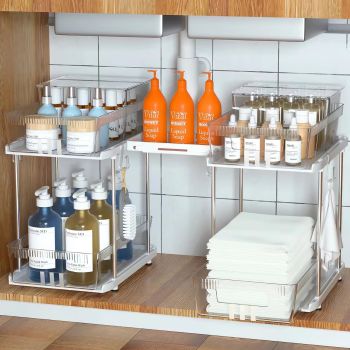 2 Tier Under Sink Organizers and Storage Bathroom Organizer w Dividers and Lids