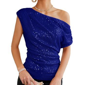 Ruched Short Sleeve Sparkly Tops for Women Dressy One Shoulder Asymmetrical Sequin Tops Shirts Metallic Going Out Tops for Women Royal Blue M
