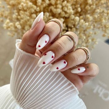 Almond Press on Nails Valentine’s Day Heart Fake Nails Medium Length Acrylic Nails Glossy Yogurt White False Nails