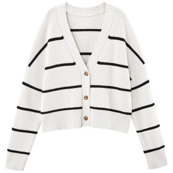 Women's Cropped Cardigan Oversized Button Sweaters Fall Trendy Knit Dressy Fashion Outfits Stripes White M