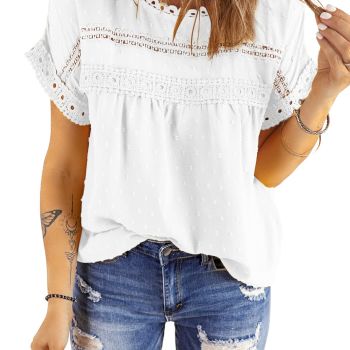 Blouses for Women Fashion 2024 Summer Crochet Lace Round Neck Short Sleeve Shirts Back Button Down Pom Boho Casual Solid Chiffon Blouse Womens Tops White Small