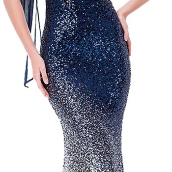 Women's Asymmetric Ribbon Gradual Sequin Mermaid Long Dress Large Navy Blue Silver
