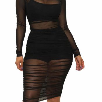 Women's Sexy 3 Piece Outfits Three Pc Sets See Through Mesh Ruched Midi Dresses + Crop Tank Tops + Skinny Shorts Clubwear Black Medium