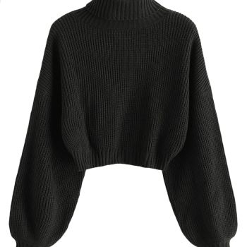 Women's Cropped Turtleneck Sweater Lantern Sleeve Ribbed Knit Pullover Sweater Jumper (2-Black