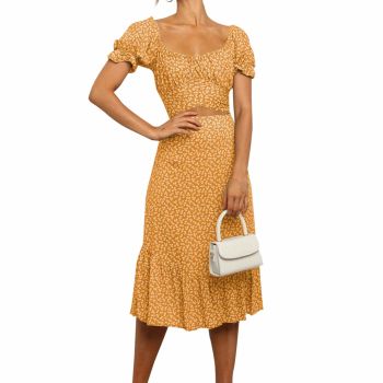Women's 2 Piece Outfits Floral Self Tie Knot Crop Top and Midi Skirt Set Yellow Small