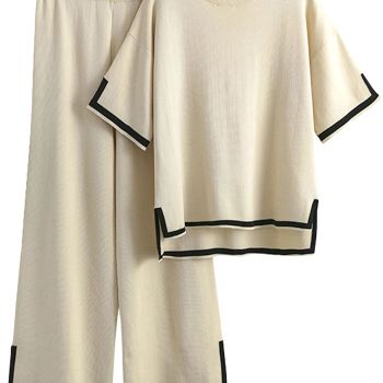 Sweater Sets Women 2 Piece Lounge Sets Short Sleeve Knit Pullover Tops Wide Leg Pants (Apricot-L)