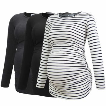 Women's Maternity Shirts Long Sleeve Pregnancy Clothes Tops 3-Pack Medium Black-Deep Grey-White Stripe